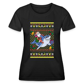 Santa Claus rides shark ugly Christmas - Women's Functional T-Shirt - black - Front - AI Model Female 172 light (172cm)