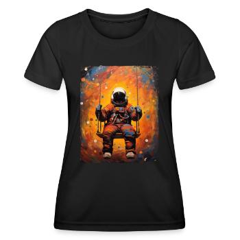 Astronaut Auf Schaukel Weltraum Galaxie Planeten - Frauen Funktions-T-Shirt - Schwarz - Vorne - AI Model Female 172 light (172cm)