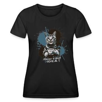 Katze mit Kaffee, Kaffee ist immer eine gute Idee - Frauen Funktions-T-Shirt - Schwarz - Vorne - AI Model Female 172 light (172cm)