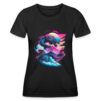 Drache Vaporwave Abstrakte Landschaft Mond Baum - Frauen Funktions-T-Shirt - Schwarz - Vorne - AI Model Female 172 light (172cm)