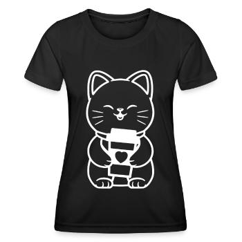 Kaffee Katze mit Kaffeebecher Kaffeeliebhaber - Frauen Funktions-T-Shirt - Schwarz - Vorne - AI Model Female 172 light (172cm)