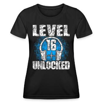 Niveau 16 Cadeau d’anniversaire débloqué 16 ans - T-shirt sport Femme - noir - Devant - AI Model Female 172 light (172cm)