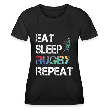 Eat Sleep Rugby Union Repeat für Rugby Spieler - Frauen Funktions-T-Shirt - Schwarz - Vorne - AI Model Female 172 light (172cm)
