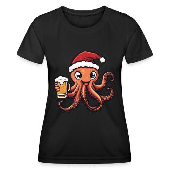 Octopus Christmas Beer Funny - Women's Functional T-Shirt - black - Front - AI Model Female 172 light (172cm)