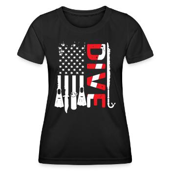 Scuba Dive Flag USA Lustige Grafik - Frauen Funktions-T-Shirt - Schwarz - Vorne - AI Model Female 172 light (172cm)