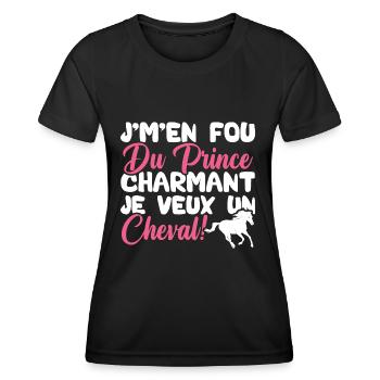 Je m'en fous du prince charmant je veux un cheval - T-shirt sport Femme - noir - Devant - AI Model Female 172 light (172cm)