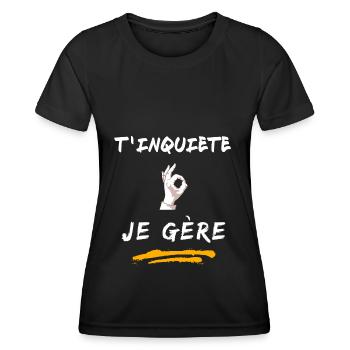T inquiète je gère - T-shirt sport Femme - noir - Devant - AI Model Female 172 light (172cm)