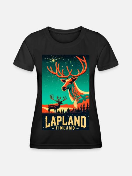 Reindeer and Northern Lights in Lapland Finland - Women's Functional T-Shirt - black