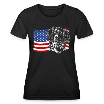 Small Münsterländer America Flag Dog Dogs - Women's Functional T-Shirt - black - Front - AI Model Female 172 light (172cm)