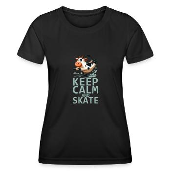 Comic Kuh Eislaufen - Keep Calm and Skate - Frauen Funktions-T-Shirt - Schwarz - Vorne - AI Model Female 172 light (172cm)