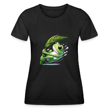 Comic Frosch klammert sich an Grashalm - Frauen Funktions-T-Shirt - Schwarz - Vorne - AI Model Female 172 light (172cm)