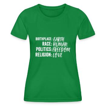 Lieu de naissance Terre Race Politique humaine Liberté Relig - T-shirt sport Femme - vert - Devant - AI Model Female 172 dark (172cm)