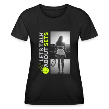 Tennisspieler Tennisschläger Tennisplatz Outfit - Frauen Funktions-T-Shirt - Schwarz - Vorne - AI Model Female 172 light (172cm)