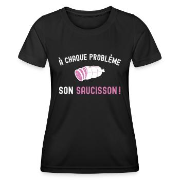 Problème Saucisson Drôle - Cadeau Apéro Humour - T-shirt sport Femme - noir - Devant - AI Model Female 172 light (172cm)