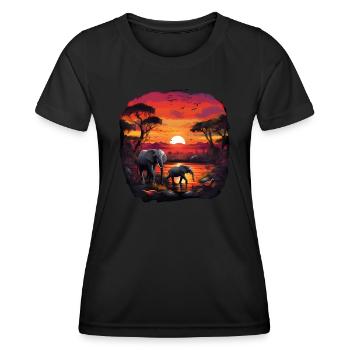 Elephant, Tree, Sunset, Colorful, Animals, Safari - Women's Functional T-Shirt - black - Front - AI Model Female 172 light (172cm)