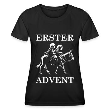 Premier design de l’Avent - Marie et Joseph à Bethléem - T-shirt sport Femme - noir - Devant - AI Model Female 172 light (172cm)