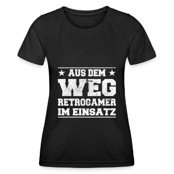 Out of the Way Retrogamer in Action Design - Women's Functional T-Shirt - black - Front - AI Model Female 172 light (172cm)