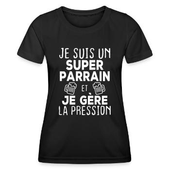Je suis un super parrain, Humour cadeau parrain - T-shirt sport Femme - noir - Devant - AI Model Female 172 light (172cm)