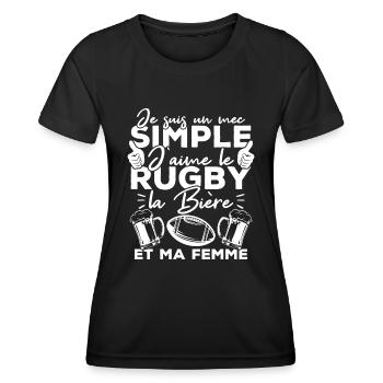 Mec simple j aime le rugby la bière et ma femme - T-shirt sport Femme - noir - Devant - AI Model Female 172 light (172cm)