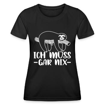 Statement Spruch - Ich muss gar nix - Faultier - Frauen Funktions-T-Shirt - Schwarz - Vorne - AI Model Female 172 light (172cm)