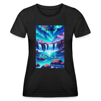 Iceland Aurora Retro Poster Vintage Souvenir - Women's Functional T-Shirt - black - Front - AI Model Female 172 light (172cm)