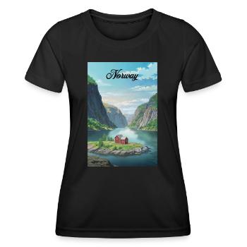 Norway Fjord Retro Poster Souvenir - Women's Functional T-Shirt - black - Front - AI Model Female 172 light (172cm)