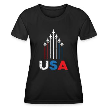 American Flag USA Airplane Jet Fighter 4th of July - Women's Functional T-Shirt - black - Front - AI Model Female 172 light (172cm)