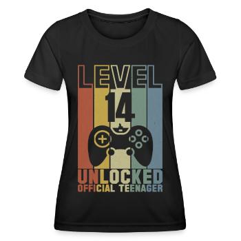 LEVEL 14 FREIGESCHALTET 14. GEBURTSTAG GESCHENK - Frauen Funktions-T-Shirt - Schwarz - Vorne - AI Model Female 172 light (172cm)