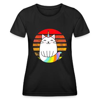 Einhorn Katze Regenbogen Sonnenuntergang - Frauen Funktions-T-Shirt - Schwarz - Vorne - AI Model Female 172 light (172cm)