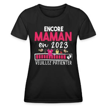Maman 2023 Mère Bébé Naissance Cadeau Grossesse - T-shirt sport Femme - noir - Devant - AI Model Female 172 light (172cm)