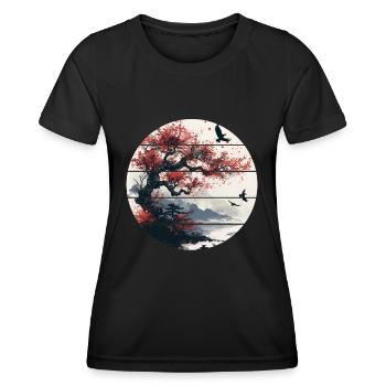 Japan Landscape Red Moon Birds Aesthetic Bonsai - Women's Functional T-Shirt - black - Front - AI Model Female 172 light (172cm)