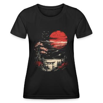 Japan Landscape Red Moon Birds Trees Bonsai - Women's Functional T-Shirt - black - Front - AI Model Female 172 light (172cm)