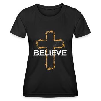 Believe Religion Kreuz Christen Christ Geschenk - Frauen Funktions-T-Shirt - Schwarz - Vorne - AI Model Female 172 light (172cm)