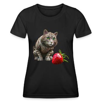 Katze vor riesiger Erdbeere - Frauen Funktions-T-Shirt - Schwarz - Vorne - AI Model Female 172 light (172cm)