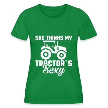 Sie Denkt, Mein Traktor Ist Sexy - Landwirt - Frauen Funktions-T-Shirt - Kelly Green - Vorne - AI Model Female 172 dark (172cm)
