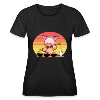 Schwein versucht Sushi mit Stäbchen - Frauen Funktions-T-Shirt - Schwarz - Vorne - AI Model Female 172 light (172cm)