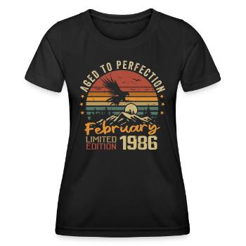 Né en Fevrier 1986 Anniversaire 1986 Février - T-shirt sport Femme - noir - Devant - AI Model Female 172 light (172cm)