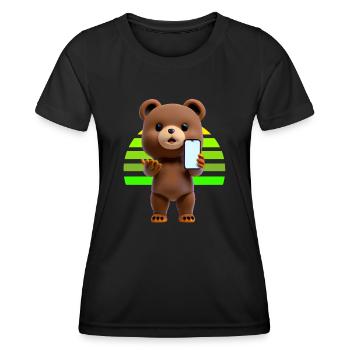 Ours avec smartphone - T-shirt sport Femme - noir - Devant - AI Model Female 172 light (172cm)