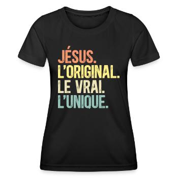 Humour Jésus L'Original Le Vrai L'Unique - T-shirt sport Femme - noir - Devant - AI Model Female 172 light (172cm)