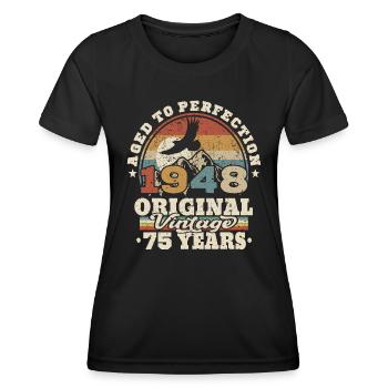 né en 1948 - 75 ans - T-shirt sport Femme - noir - Devant - AI Model Female 172 light (172cm)