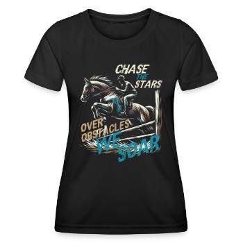 JAGEN SIE DIE STERNE ÜBER HINDERNISSE WIR SCHWEBEN, REITER - Frauen Funktions-T-Shirt - Schwarz - Vorne - AI Model Female 172 light (172cm)