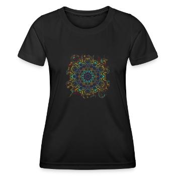 Trippy Wellen Mandala | Abstrakte Kunst - Frauen Funktions-T-Shirt - Schwarz - Vorne - AI Model Female 172 light (172cm)