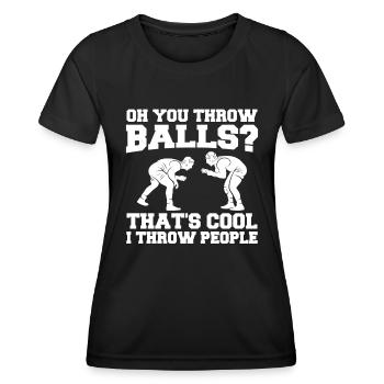 Oh Du Wirfst Bälle? Das Ist cool Ich Werf Menschen - Frauen Funktions-T-Shirt - Schwarz - Vorne - AI Model Female 172 light (172cm)