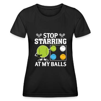Hör auf, auf meine Eier zu starren - Frauen Funktions-T-Shirt - Schwarz - Vorne - AI Model Female 172 light (172cm)