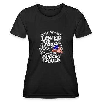 Die beliebtesten Flaggen an der Rennstrecke - Schmutz - Frauen Funktions-T-Shirt - Schwarz - Vorne - AI Model Female 172 light (172cm)