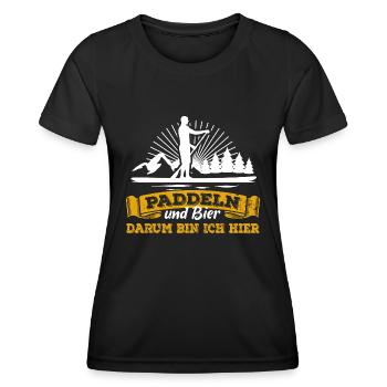 Paddeln & Bier - darum bin ich hier - SUP Spruch - Frauen Funktions-T-Shirt - Schwarz - Vorne - AI Model Female 172 light (172cm)
