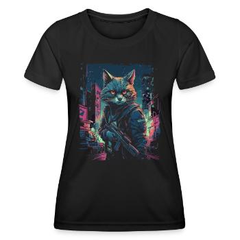 Katze Cyber Cat Katzen Punk - Frauen Funktions-T-Shirt - Schwarz - Vorne - AI Model Female 172 light (172cm)