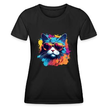 Coole Pop-Art Katze mit Sonnenbrile Bunt Kater - Frauen Funktions-T-Shirt - Schwarz - Vorne - AI Model Female 172 light (172cm)