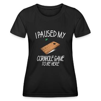 J’ai mis en pause mon jeu de cornhole pour être ici en disant de l’humour - T-shirt sport Femme - noir - Devant - AI Model Female 172 light (172cm)