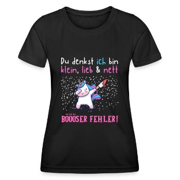 Einhorn Sarkasmus Spruch klein lieb böser Fehler - Frauen Funktions-T-Shirt - Schwarz - Vorne - AI Model Female 172 light (172cm)